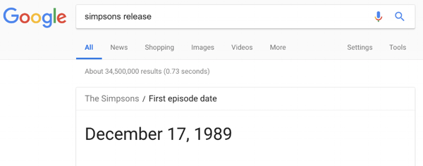 The Simpsons' first episode release date featured Google snippet