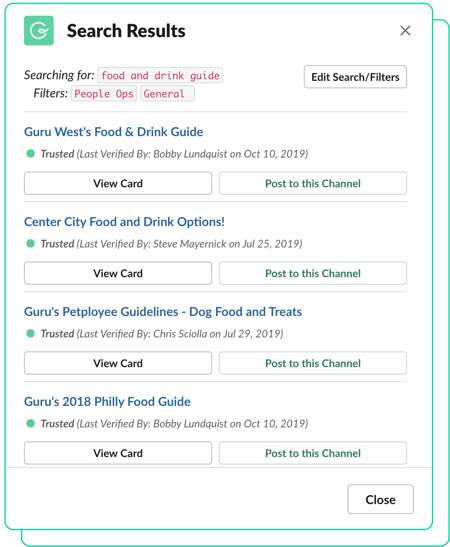 Guru Search Results in Slack Block Kit with Modals