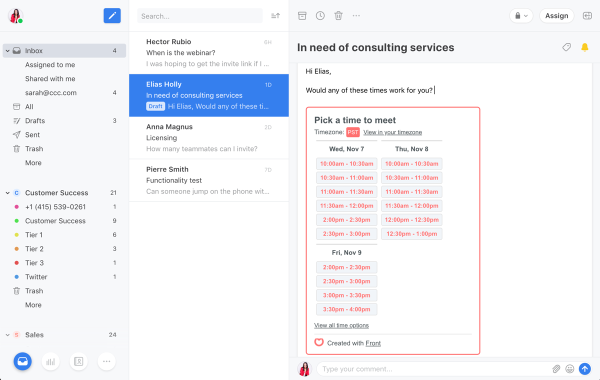 Sales Knowledge Playbook: Scheduling a meeting in Front