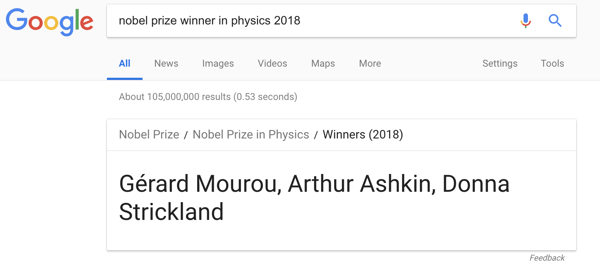 Google Featured Snippet: 2018 Nobel Prize Laureates in Physics